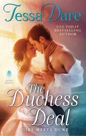 The cover of The Duchess Deal--A tall, handsome man and a lady in a wedding dress embrace in glowing light from a nearby window