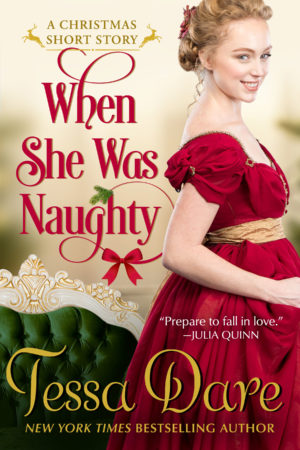 img: the cover of “When She Was Naughty”, a Christmas short story. A young lady with blond hair and a mischievous smile is wearing a red ballgown with.a gold sash. 